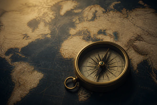 Antique compass on a world map