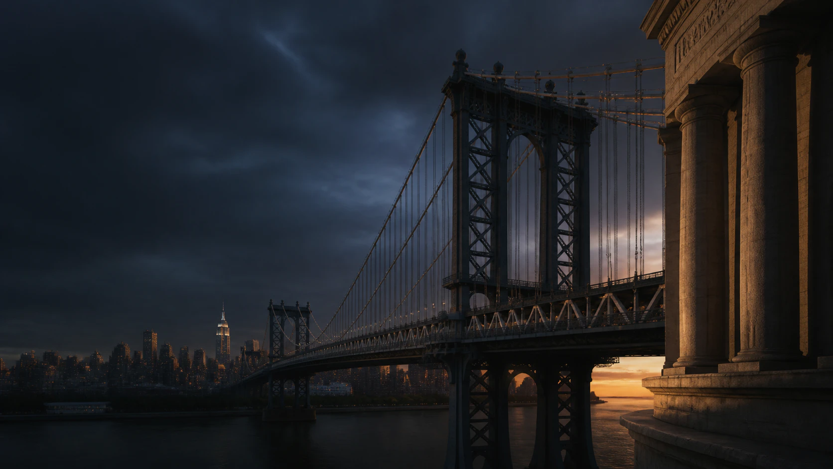 Manhattan Bridge and New York skyline at dusk